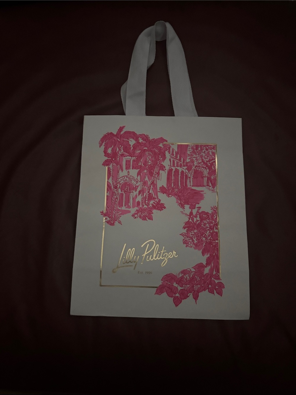 Lilly Pulitzer White Tote with Pink Palm Illustration and Gold Logo Accents